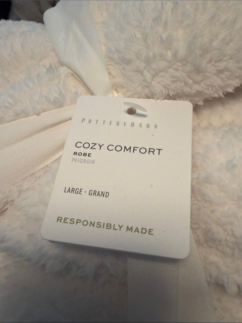 Pottery Barn Plush Shawl-Collar Robe - Cream COZY COMFORT ivory NEW large L - Picture 2 of 5